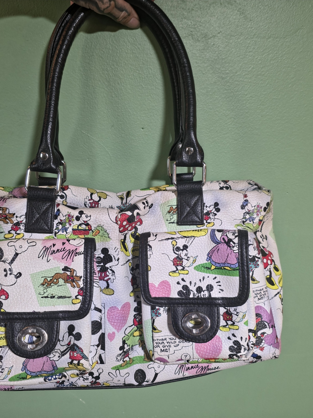 Minnie Mouse Pink Printed Satchel with Black Trim and Dual Pockets